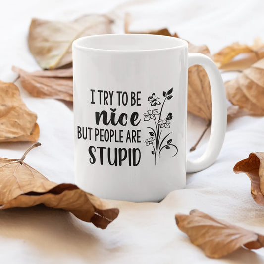 White mug with text 'I try to be nice but people are stupid' on a white background with dried leaves.