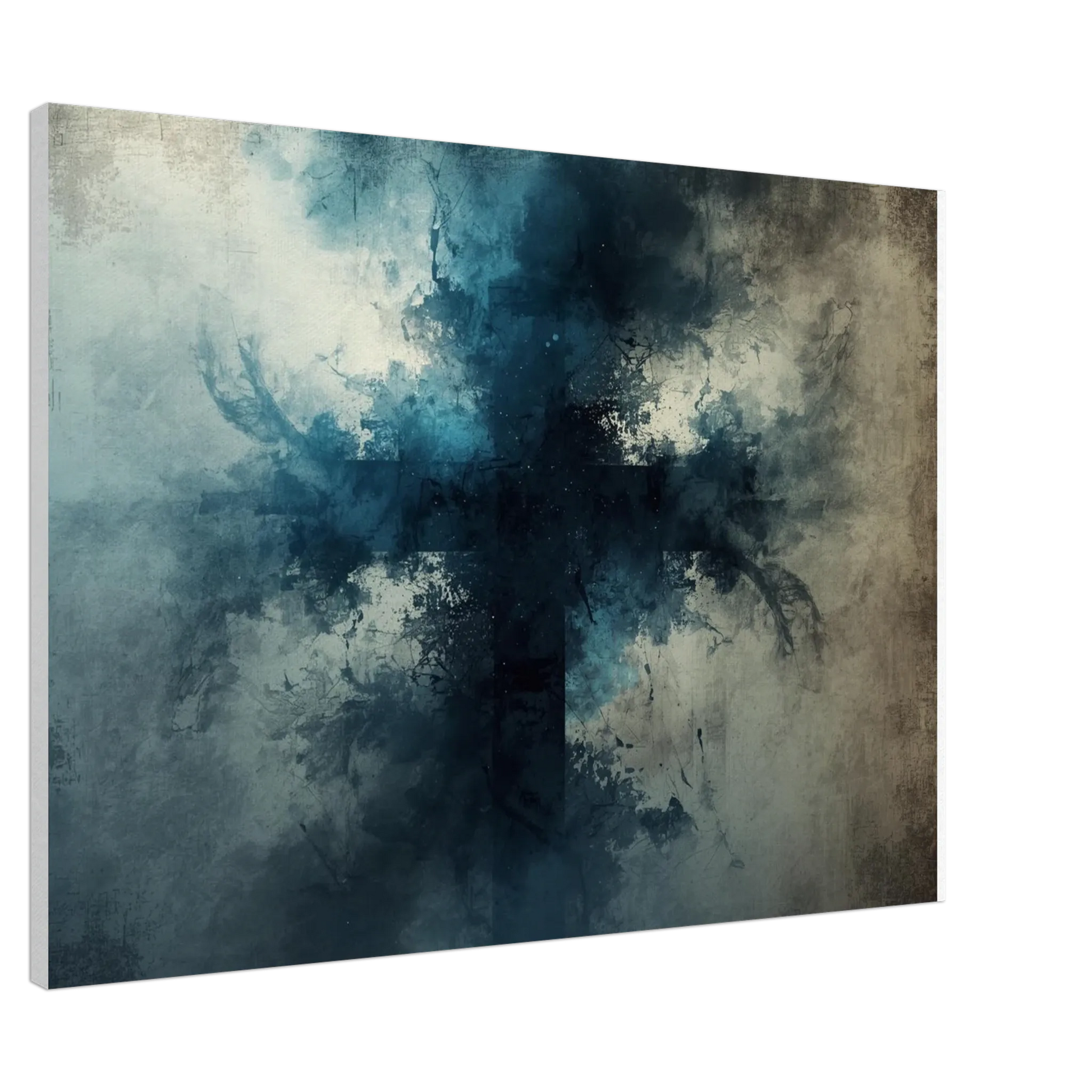 Abstract art piece with blue and gray tones on a white background