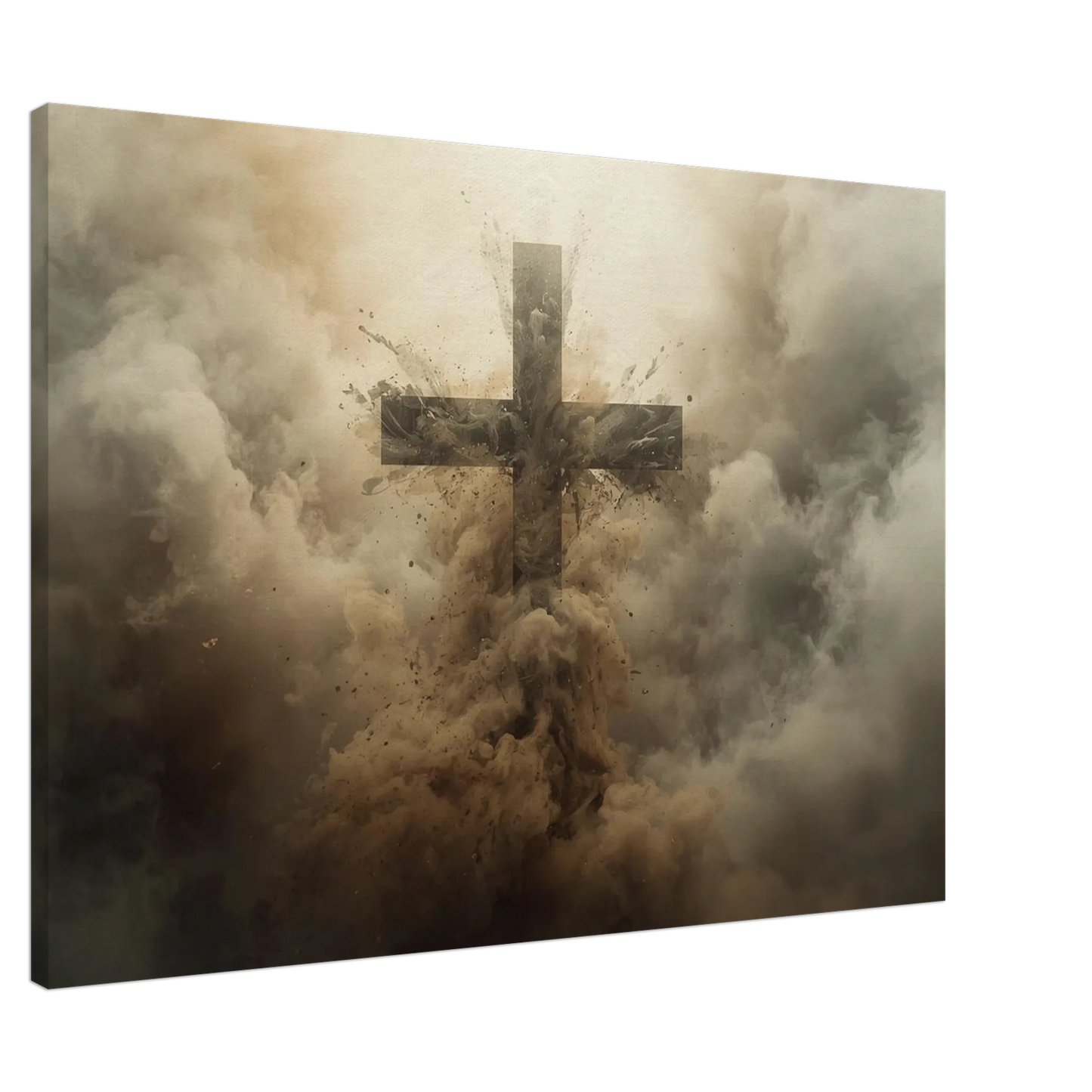 Canvas print with a cross in a cloud of dust and smoke on a white background