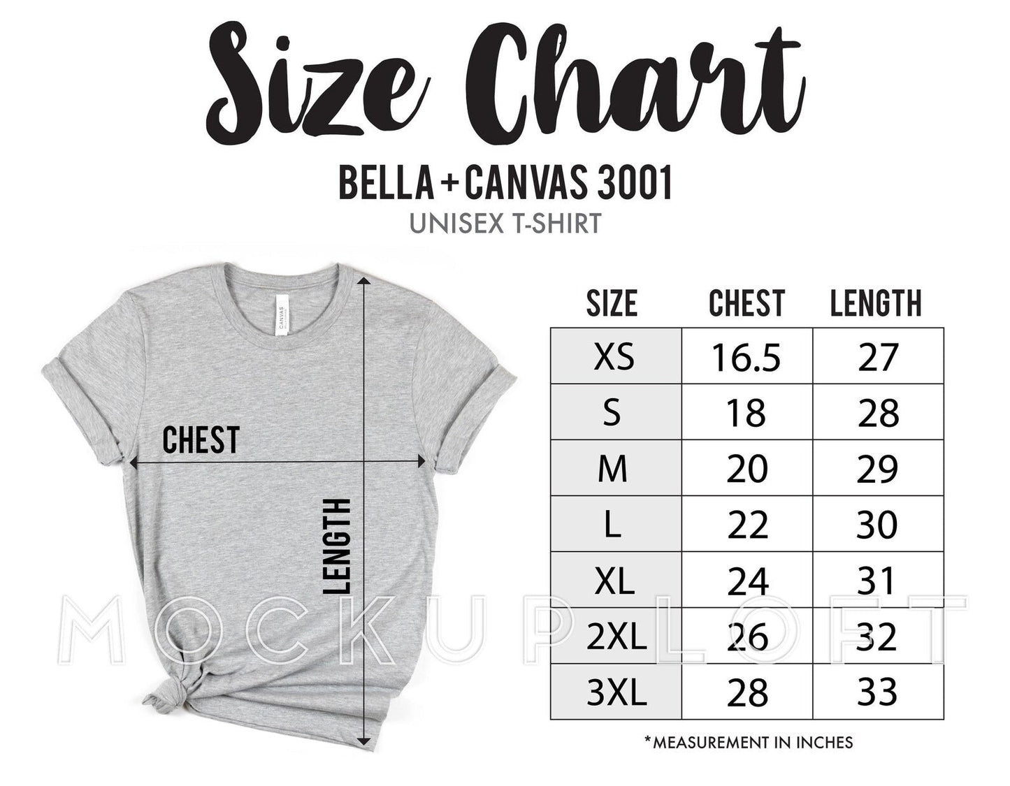 Gray t-shirt with size chart for Bella+Canvas 3001 unisex t-shirt on a white background