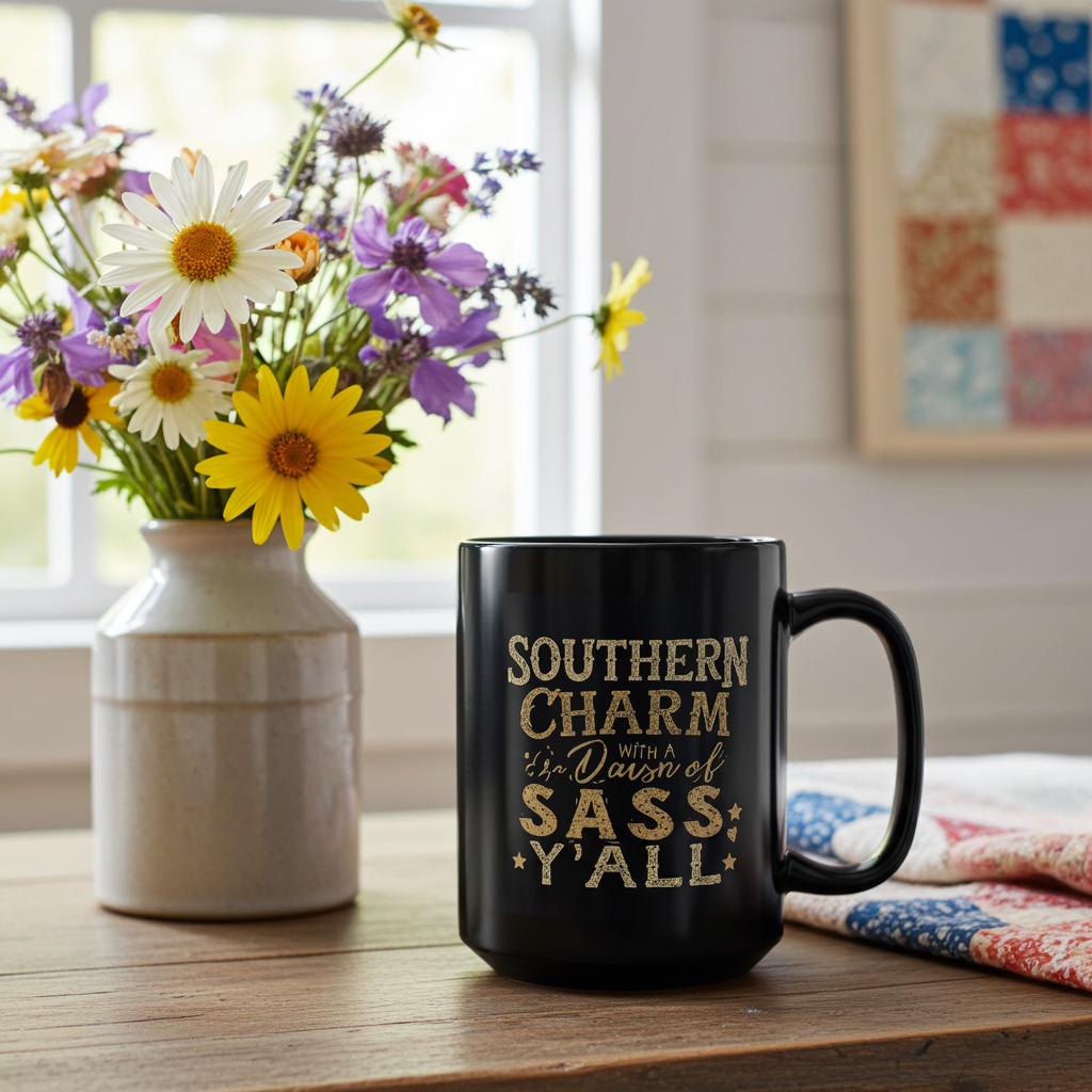 Black mug with 'Southern Charm with a Dash of Sass Y'all' text on a table with flowers and a quilt.