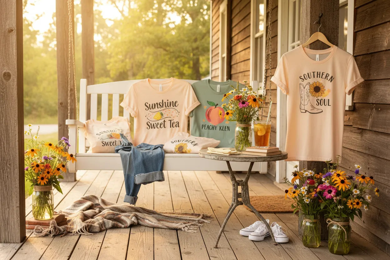 T-Shirts with Southern-themed designs on a wooden porch with flowers and a table.