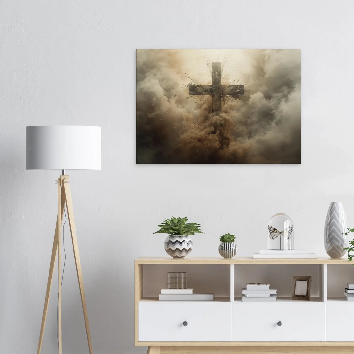 Room interior with a large wall art piece of a cross amidst clouds, a floor lamp, and a cabinet with decorative items.