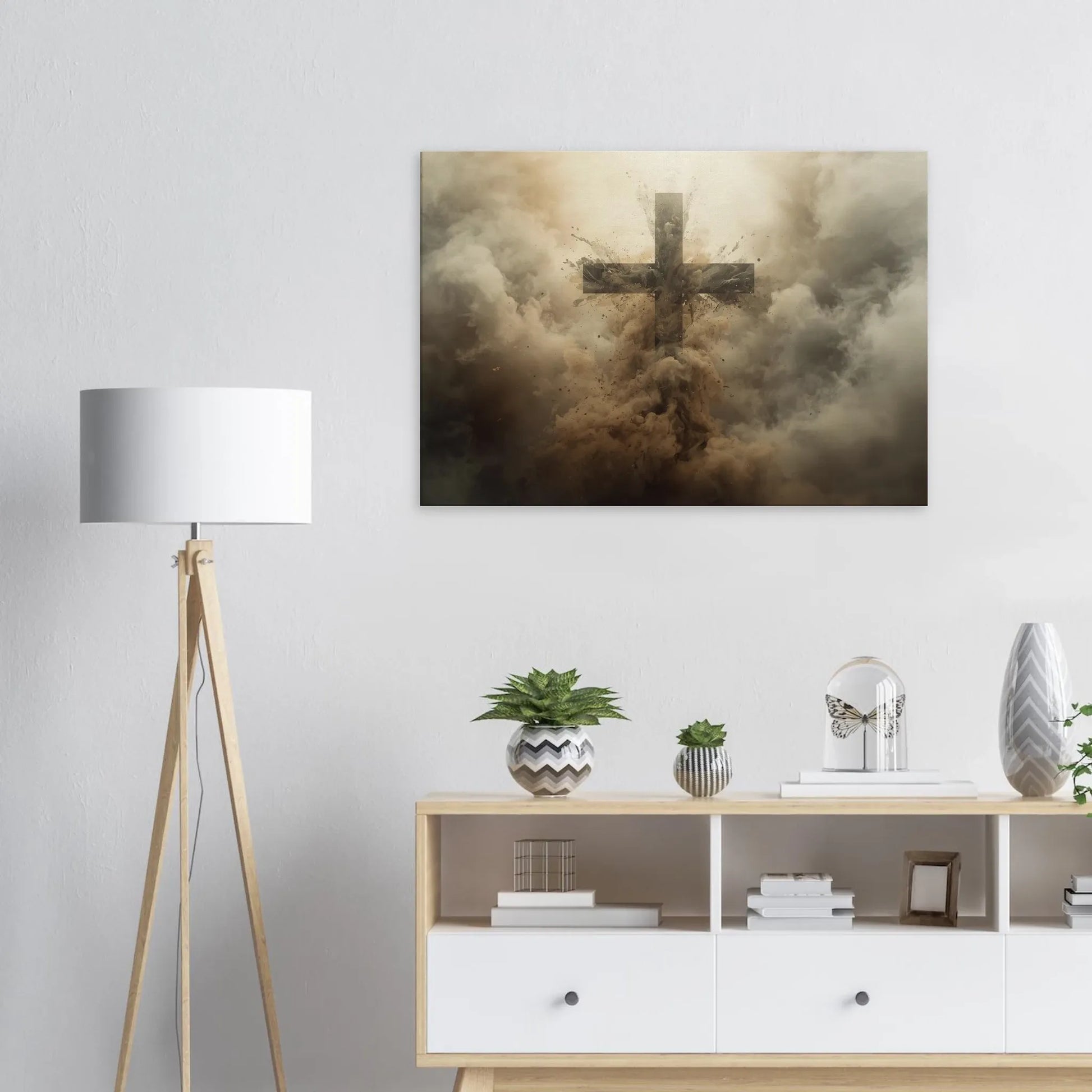 Room interior with a large wall art piece of a cross amidst clouds, a floor lamp, and a cabinet with decorative items.