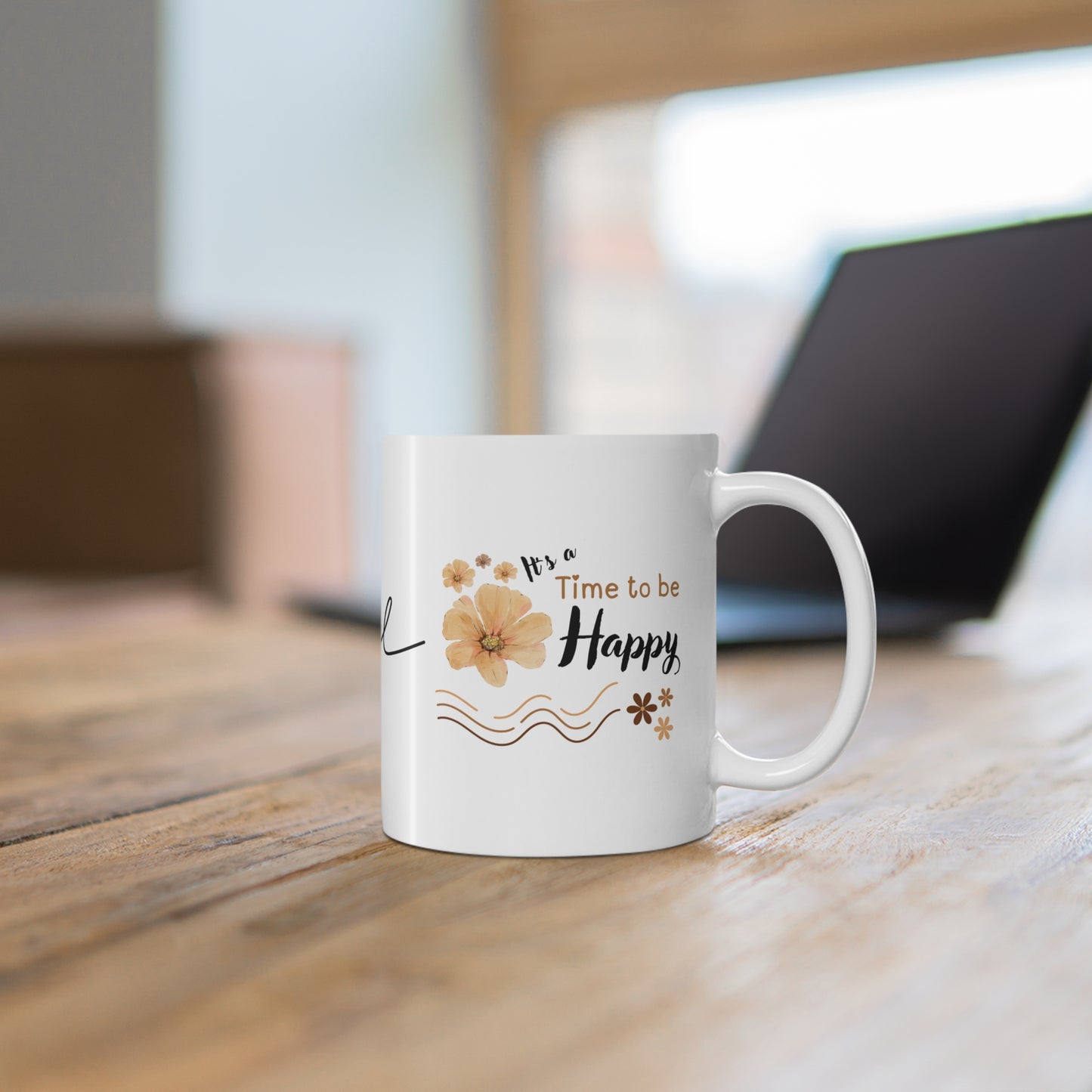 White mug with motivational quote on a wooden desk