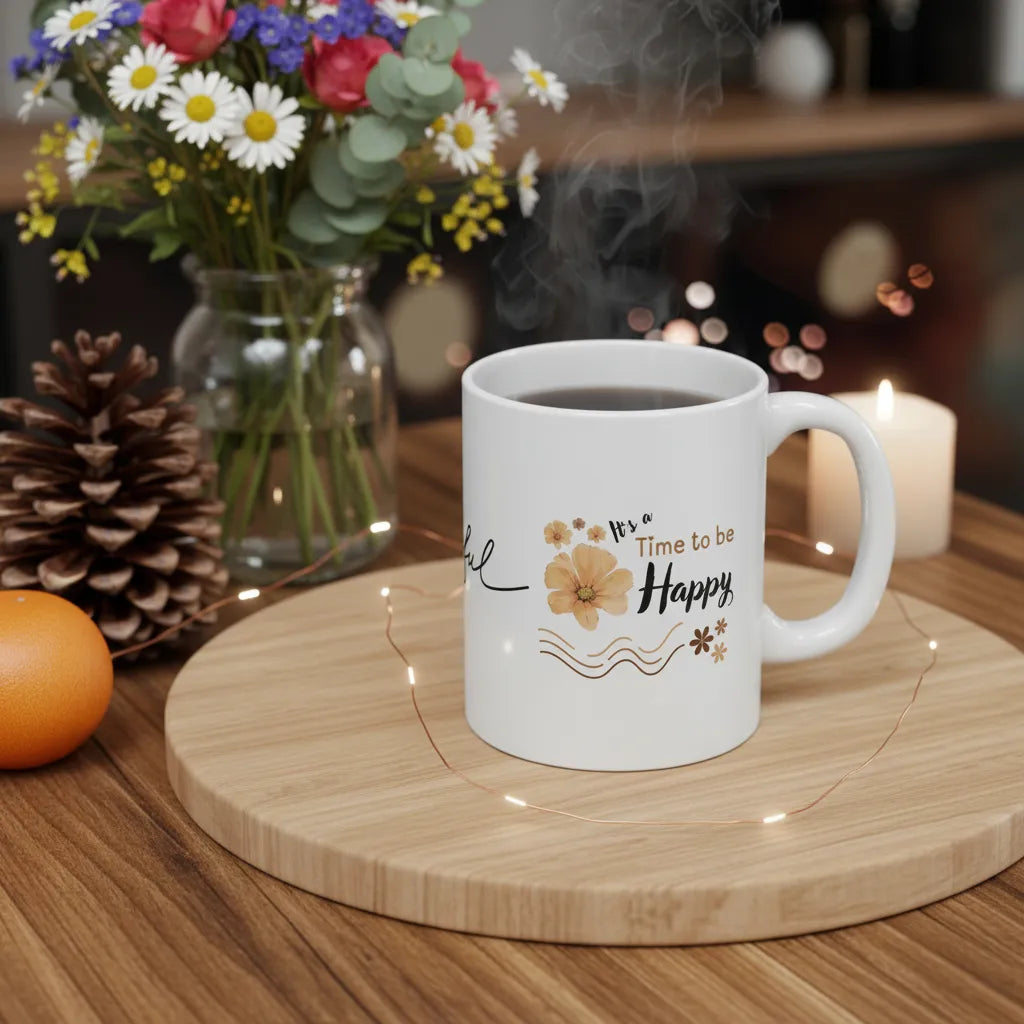 White mug with 'It's a Time to be Happy' text on a wooden surface with flowers and a candle in the background