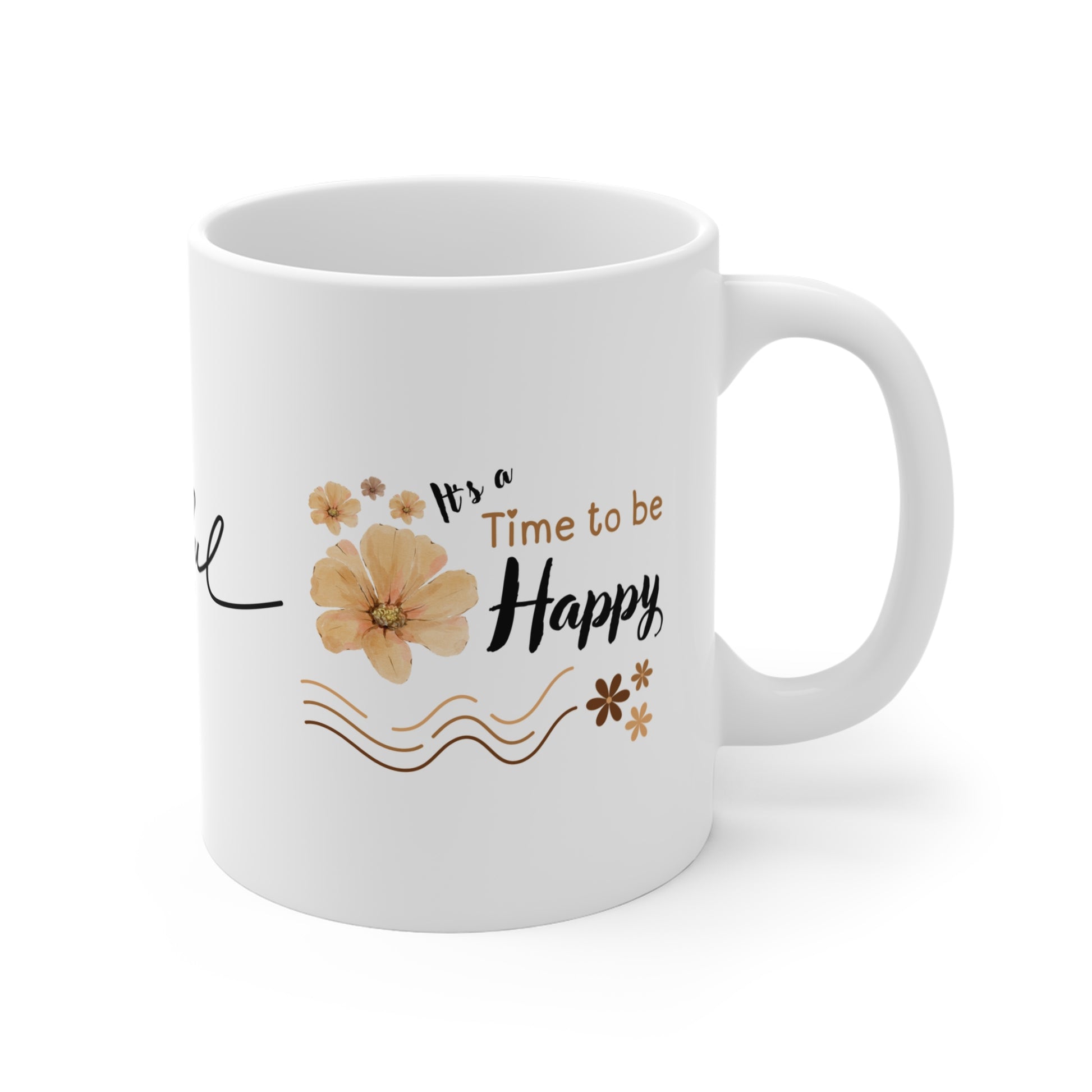 White mug with floral design and text 'It's a Time to be Happy' on a white background