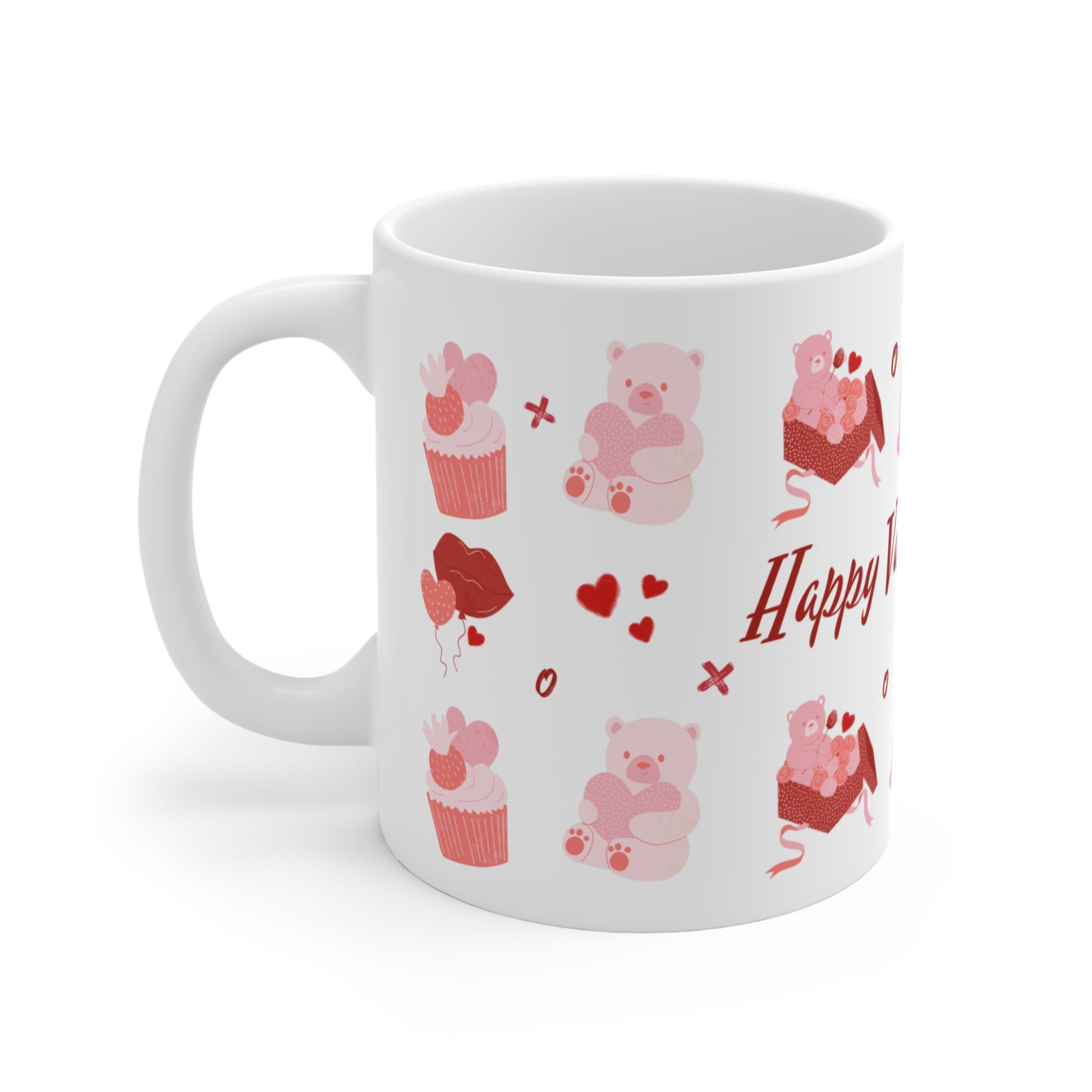 White mug with pink teddy bears, cupcakes, and hearts on a white background