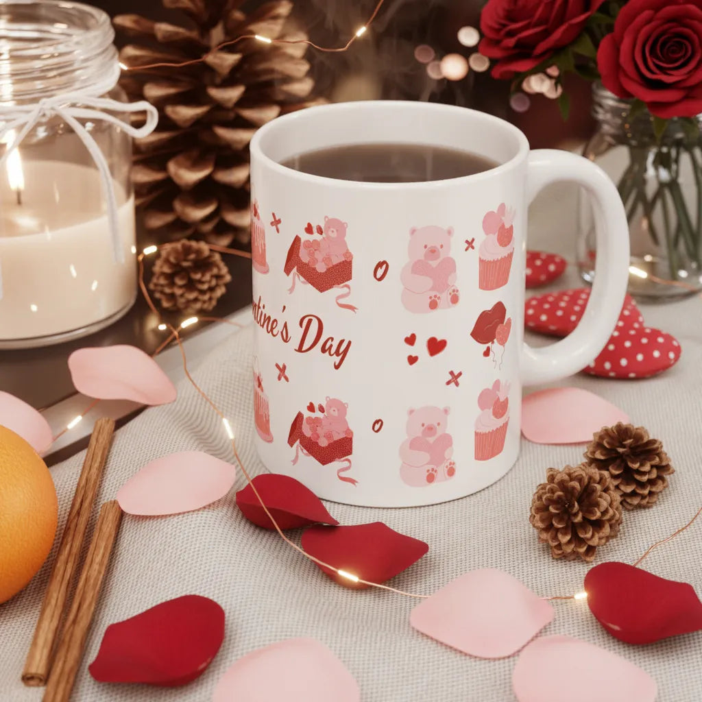 Valentine's Day mug with decorative elements on a table