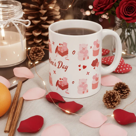 Valentine's Day mug with decorative elements on a table