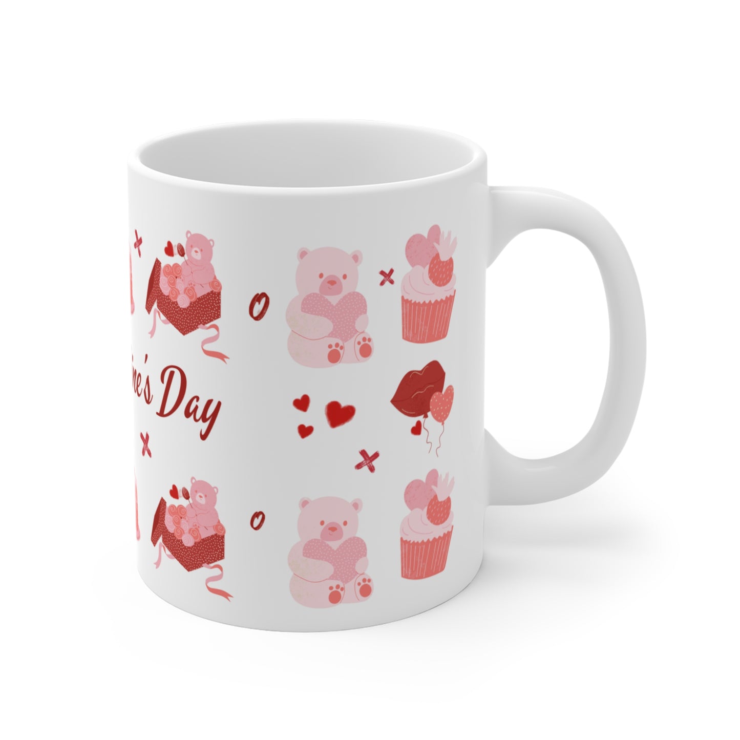 White mug with Valentine's Day-themed illustrations on a white background