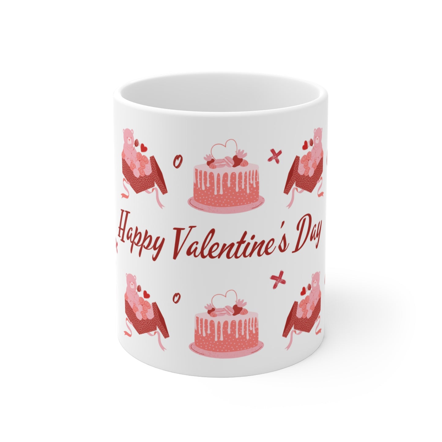 White mug with Valentine's Day designs and text on a white background