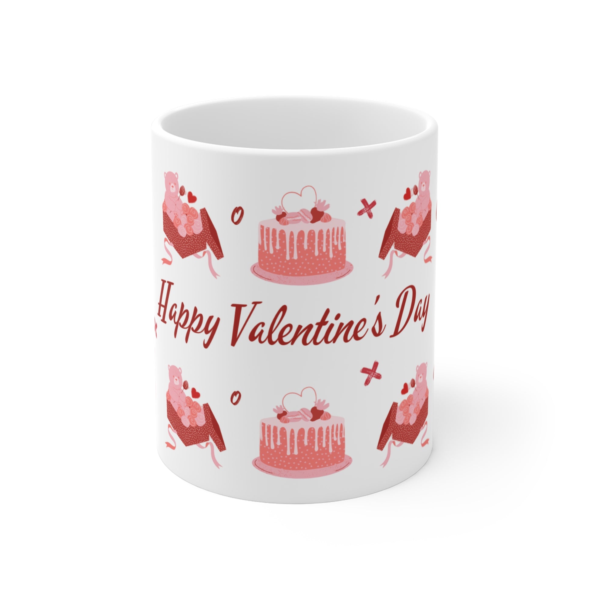White mug with Valentine's Day designs and text on a white background