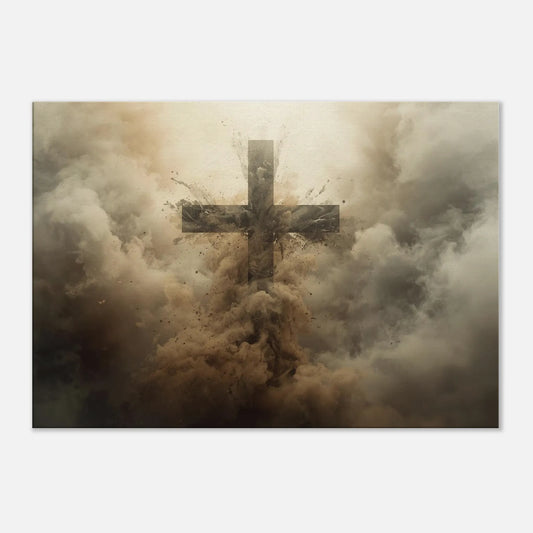 Wooden cross emerging from a cloud of dust and smoke