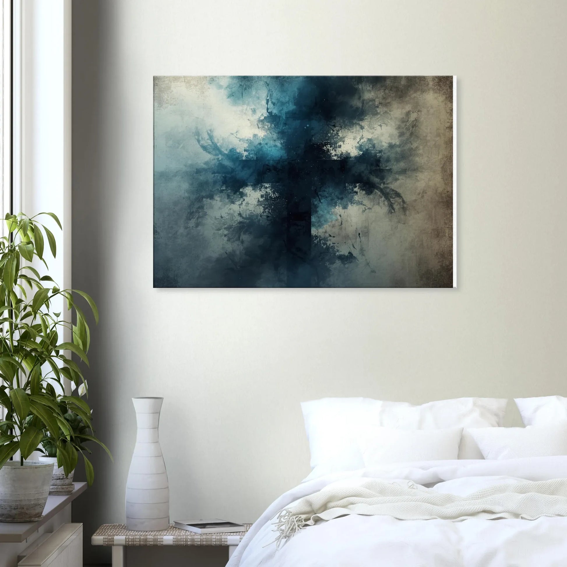 Abstract painting on a wall above a bed in a bedroom