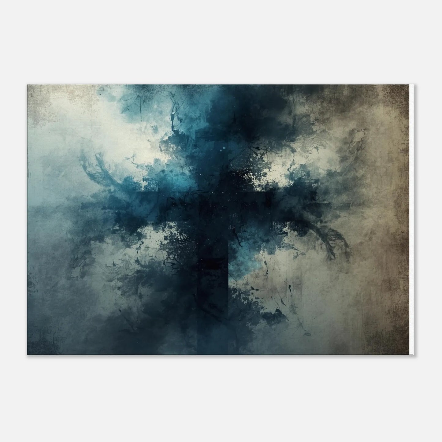 Abstract art print with blue and gray tones on a textured background