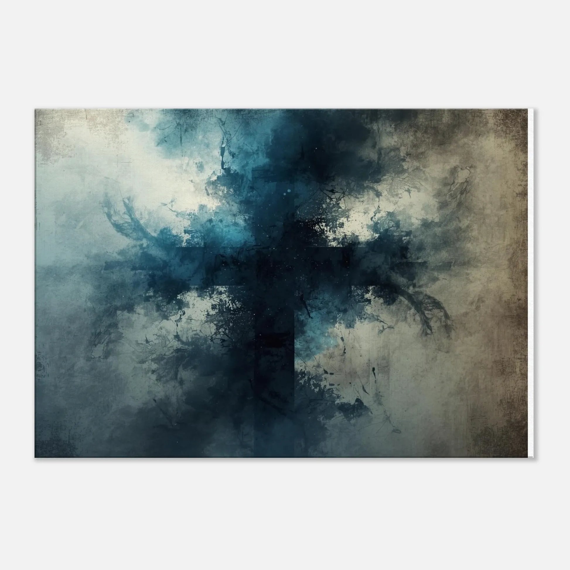 Abstract art print with blue and gray tones on a textured background