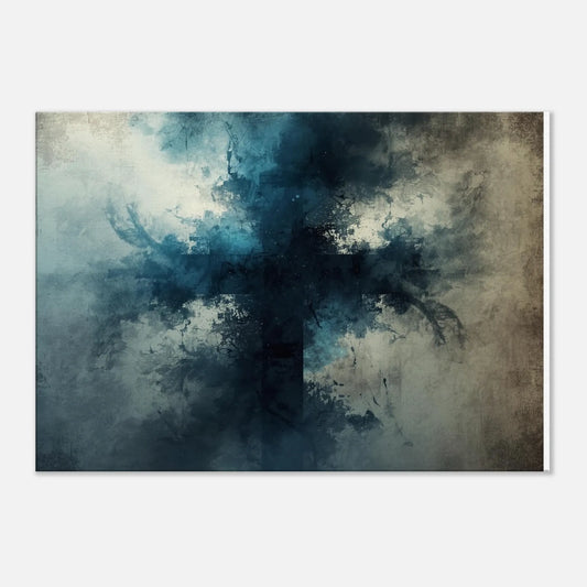 Abstract art print with blue and gray tones on a textured background